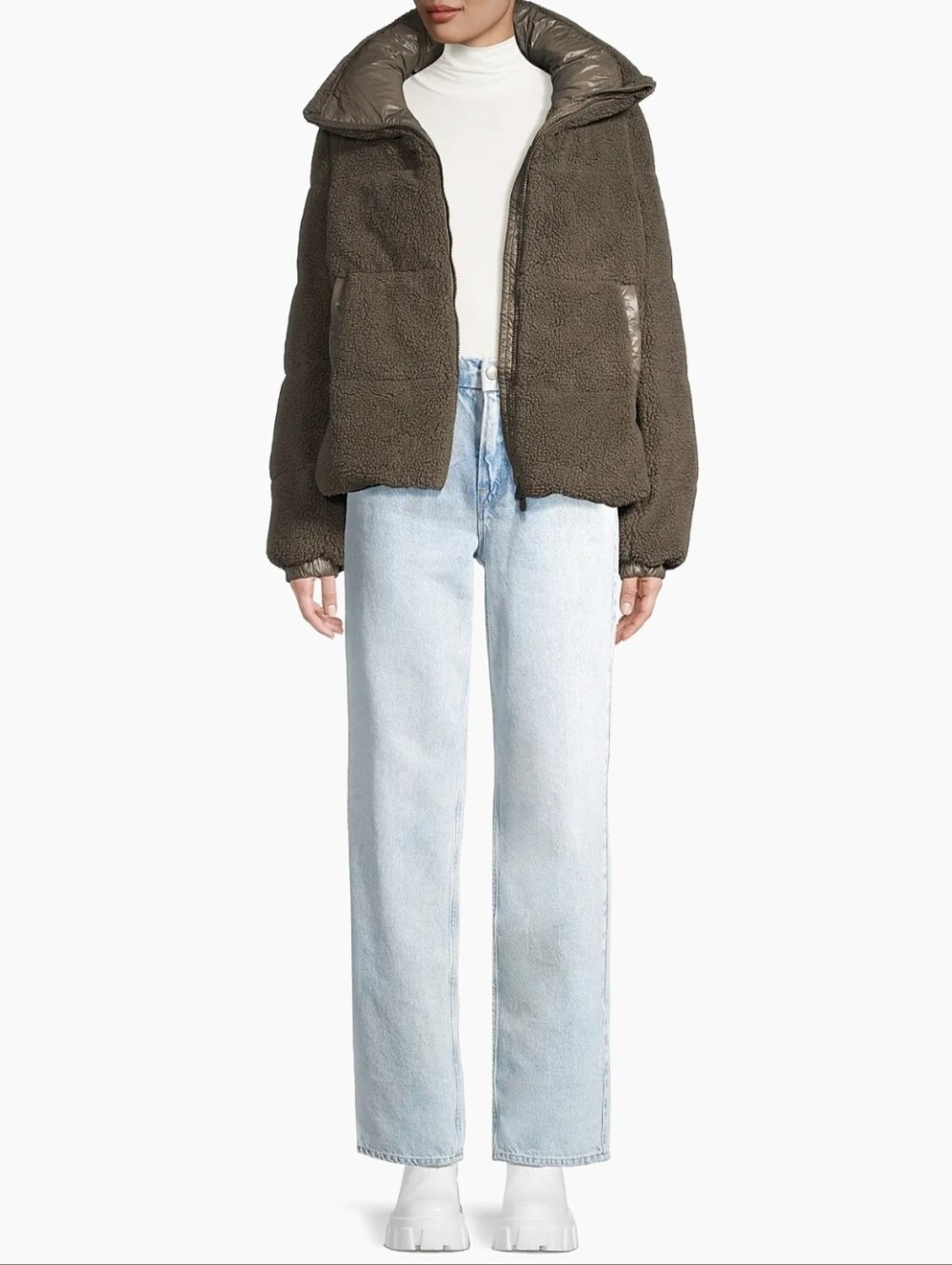 Save The Duck | Jennie Sherpa Puffer Jacket Size L In Mud Grey / Olive Color